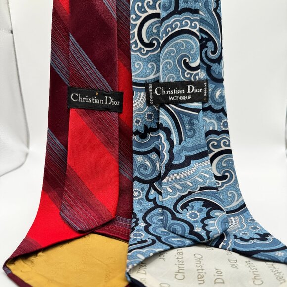 Christian Dior Vintage Tie Bundle – 1970s Blue Paisley & 1990s Barcode - Picture 1 of 7